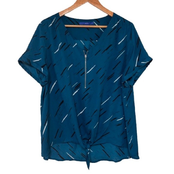 APT. 9 Teal Black White 1/4 Zip Tie Front Blouse Size XXL - Picture 1 of 5